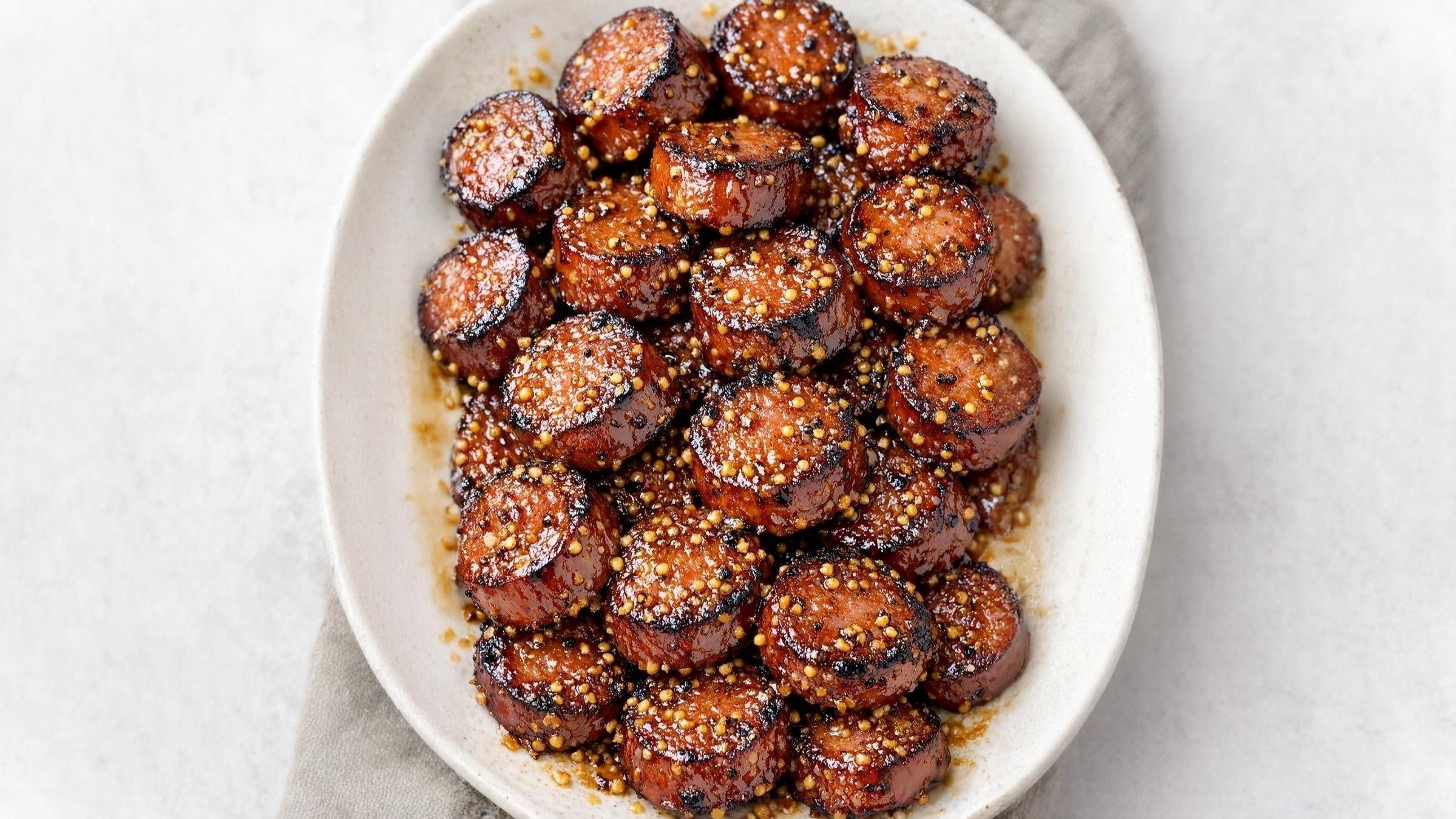 Thumbnail for Low Carb 3-Ingredient Mustard Kielbasa Bites